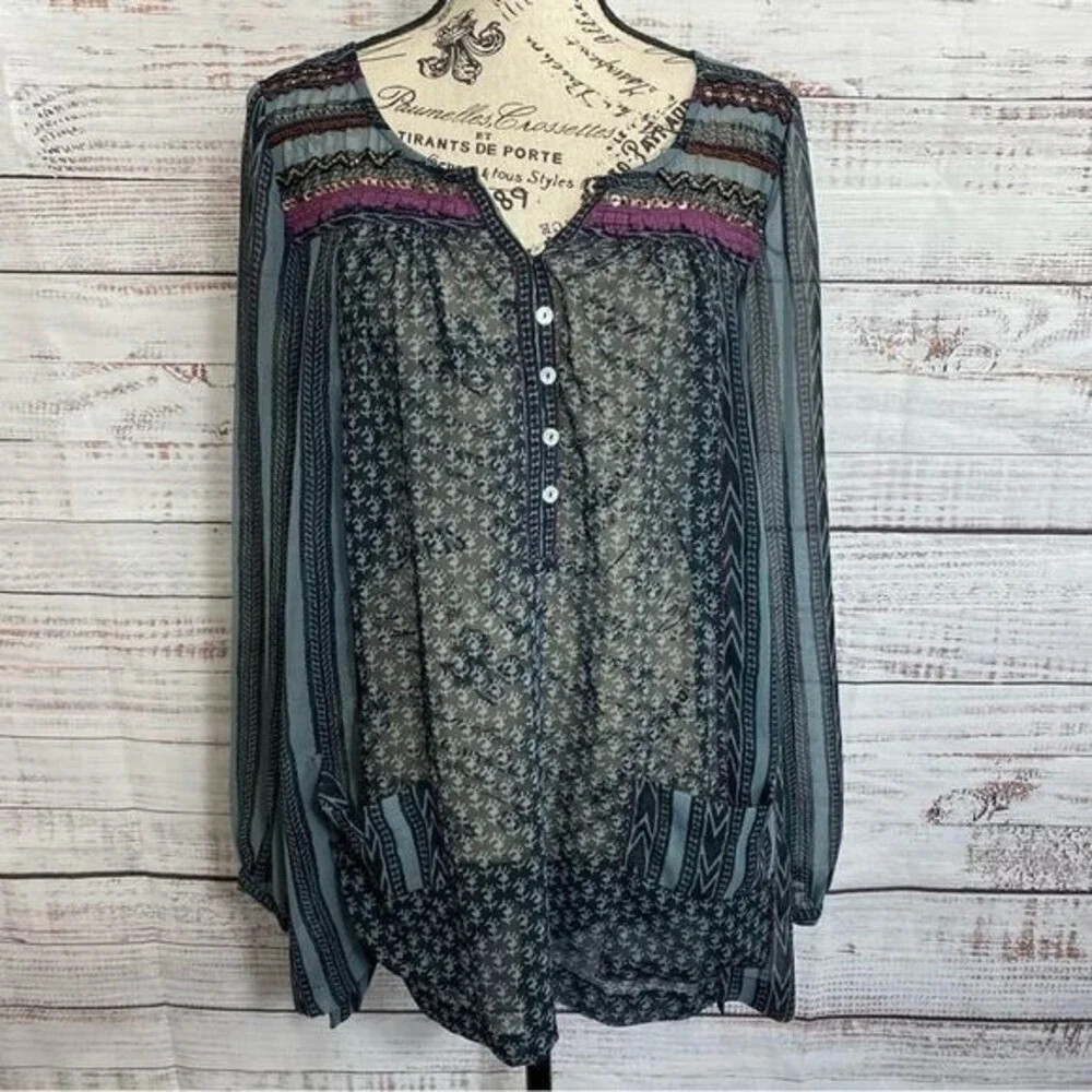 Free People Boho Beaded Embroidered Tunic Blouse Sheer Long Sleeve Print Pockets